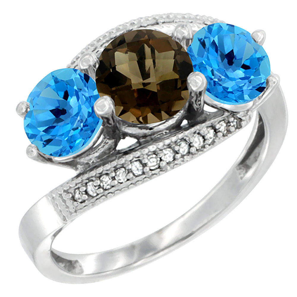10K White Gold Natural Smoky Topaz &amp; Swiss Blue Topaz Sides 3 stone Ring Round 6mm Diamond Accent, sizes 5 - 10