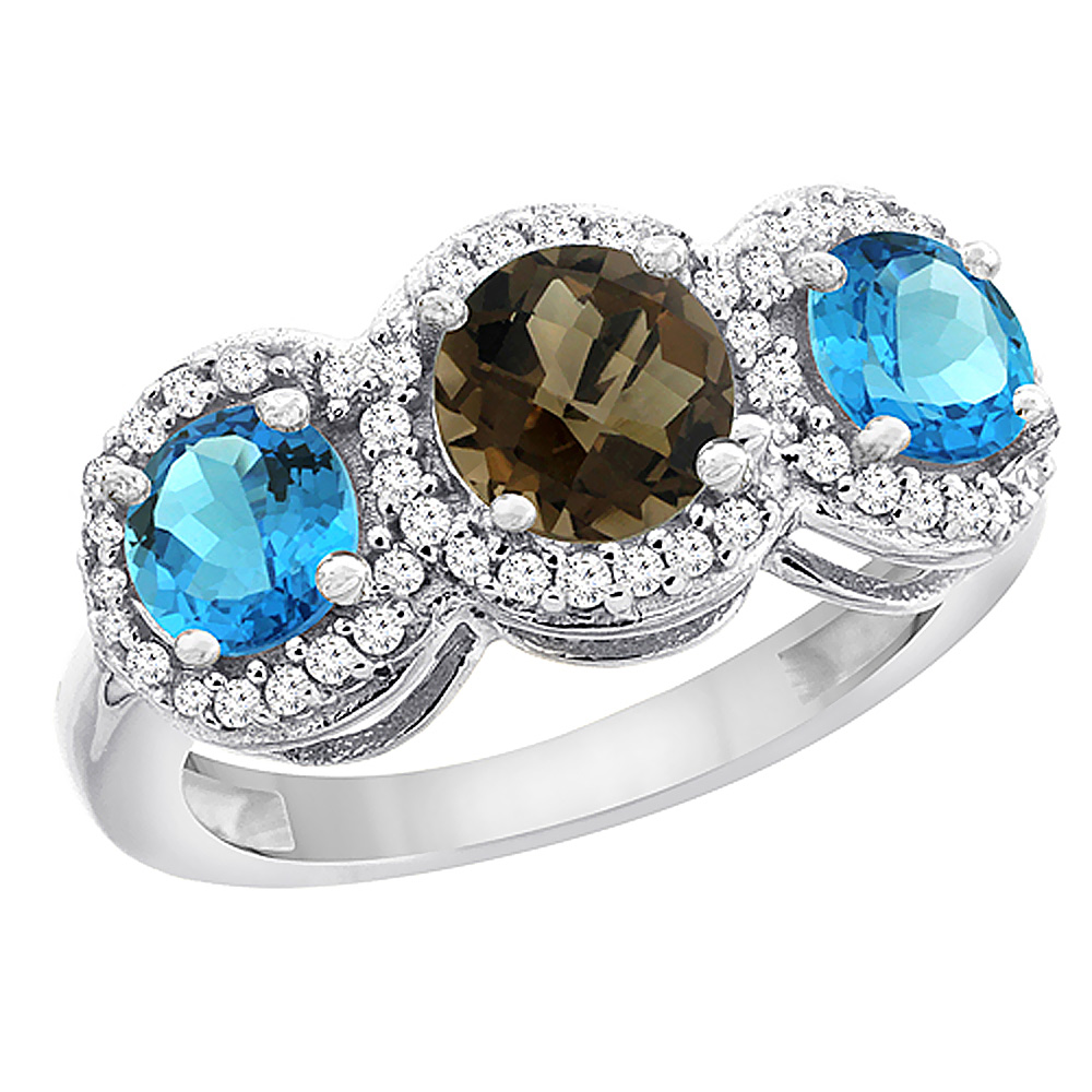 10K White Gold Natural Smoky Topaz &amp; Swiss Blue Topaz Sides Round 3-stone Ring Diamond Accents, sizes 5 - 10