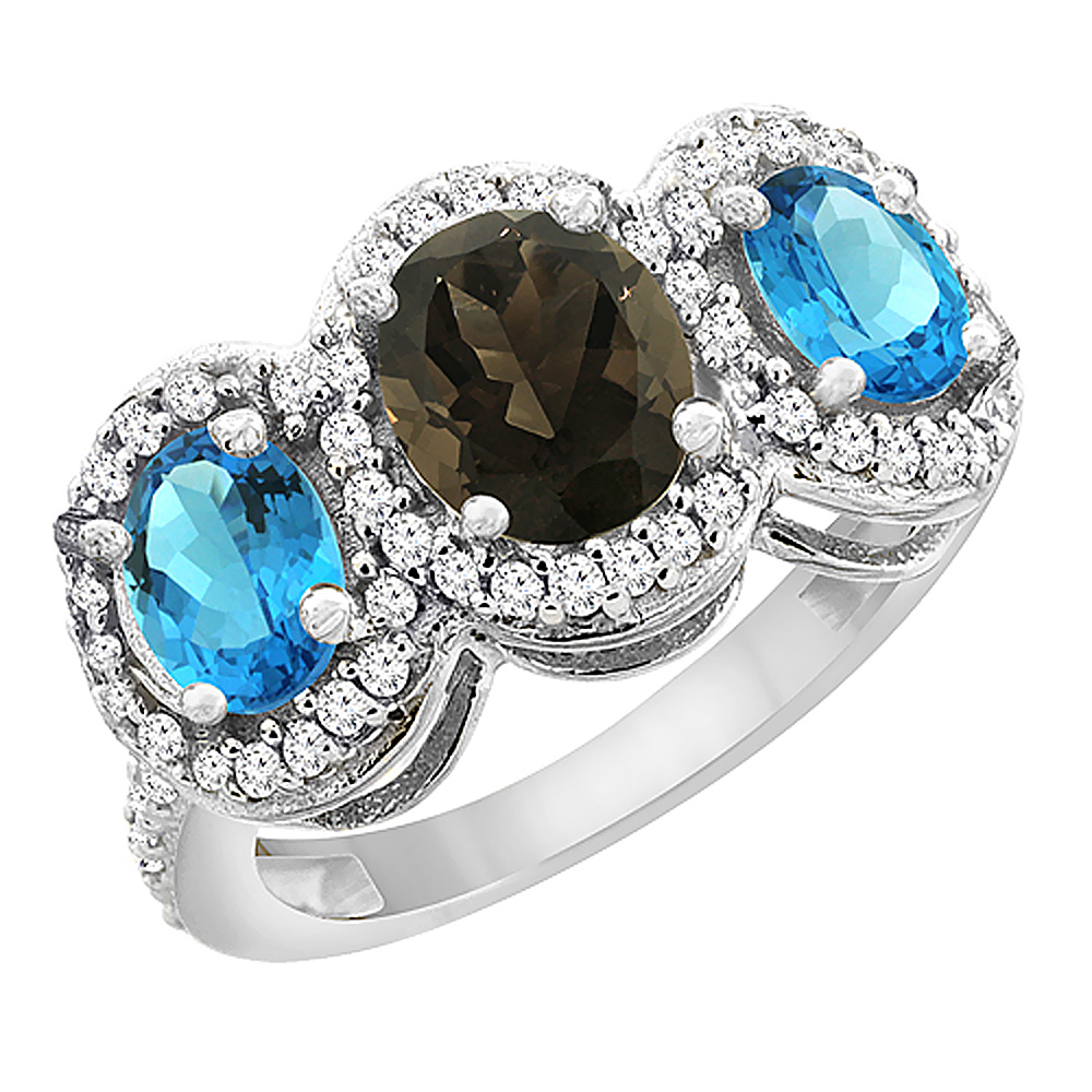 14K White Gold Natural Smoky Topaz & Swiss Blue Topaz 3-Stone Ring Oval Diamond Accent, sizes 5 - 10