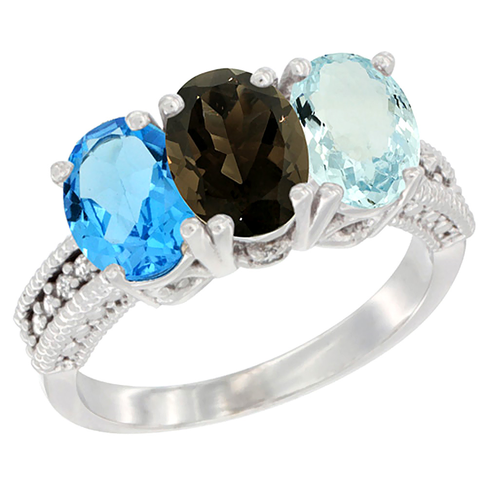 10K White Gold Natural Swiss Blue Topaz, Smoky Topaz & Aquamarine Ring 3-Stone Oval 7x5 mm Diamond Accent, sizes 5 - 10