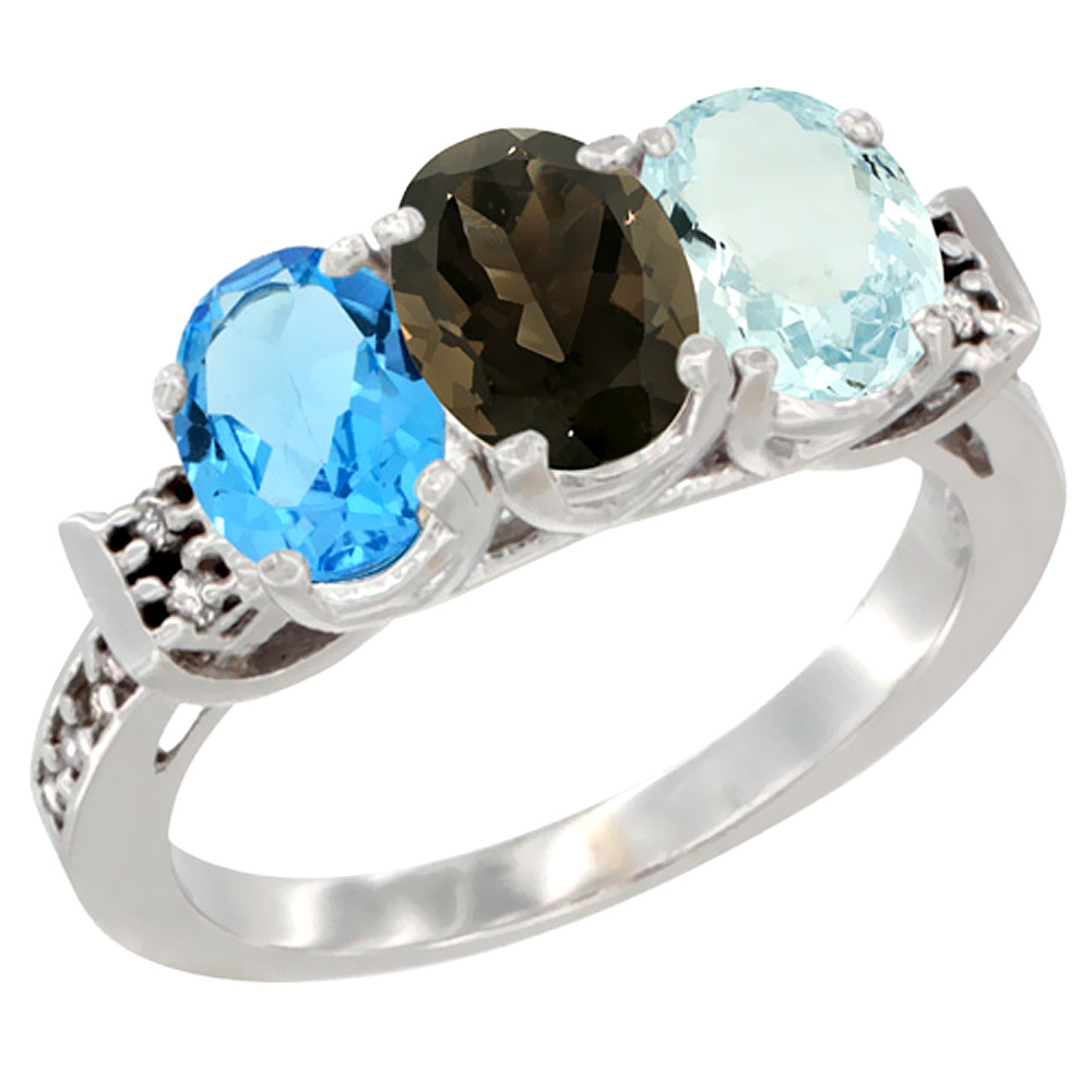 14K White Gold Natural Swiss Blue Topaz, Smoky Topaz & Aquamarine Ring 3-Stone 7x5 mm Oval Diamond Accent, sizes 5 - 10