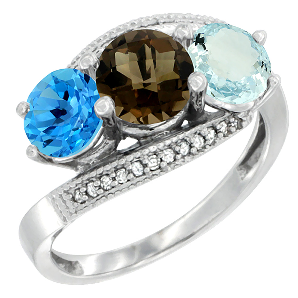 10K White Gold Natural Swiss Blue Topaz, Smoky Topaz &amp; Aquamarine 3 stone Ring Round 6mm Diamond Accent, sizes 5 - 10