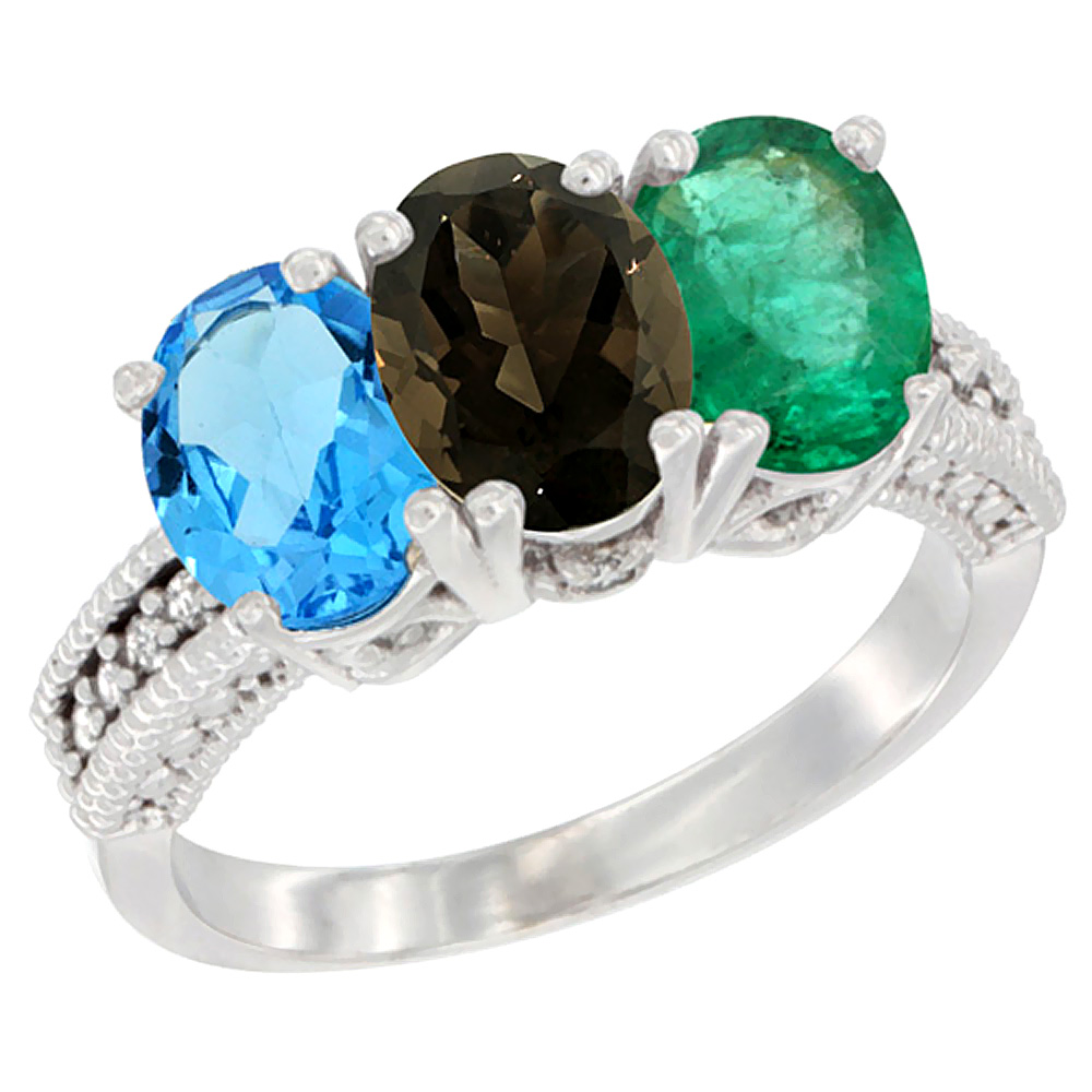14K White Gold Natural Swiss Blue Topaz, Smoky Topaz &amp; Emerald Ring 3-Stone 7x5 mm Oval Diamond Accent, sizes 5 - 10