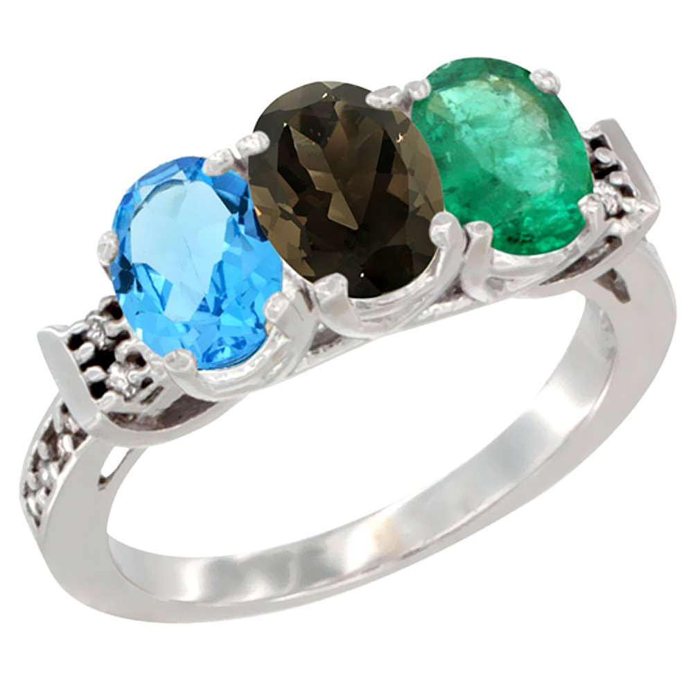 14K White Gold Natural Swiss Blue Topaz, Smoky Topaz &amp; Emerald Ring 3-Stone 7x5 mm Oval Diamond Accent, sizes 5 - 10