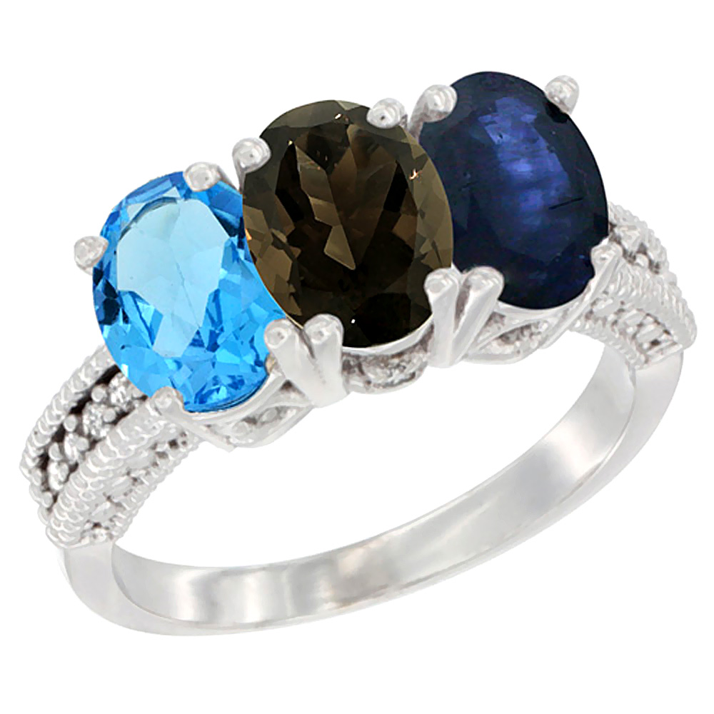 14K White Gold Natural Swiss Blue Topaz, Smoky Topaz &amp; Blue Sapphire Ring 3-Stone 7x5 mm Oval Diamond Accent, sizes 5 - 10