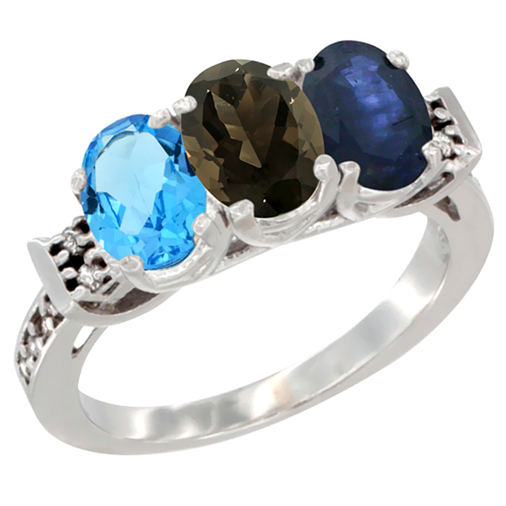 14K White Gold Natural Swiss Blue Topaz, Smoky Topaz &amp; Blue Sapphire Ring 3-Stone 7x5 mm Oval Diamond Accent, sizes 5 - 10