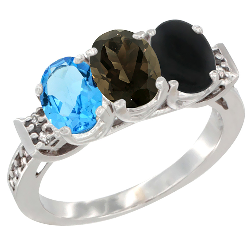 10K White Gold Natural Swiss Blue Topaz, Smoky Topaz &amp; Black Onyx Ring 3-Stone Oval 7x5 mm Diamond Accent, sizes 5 - 10