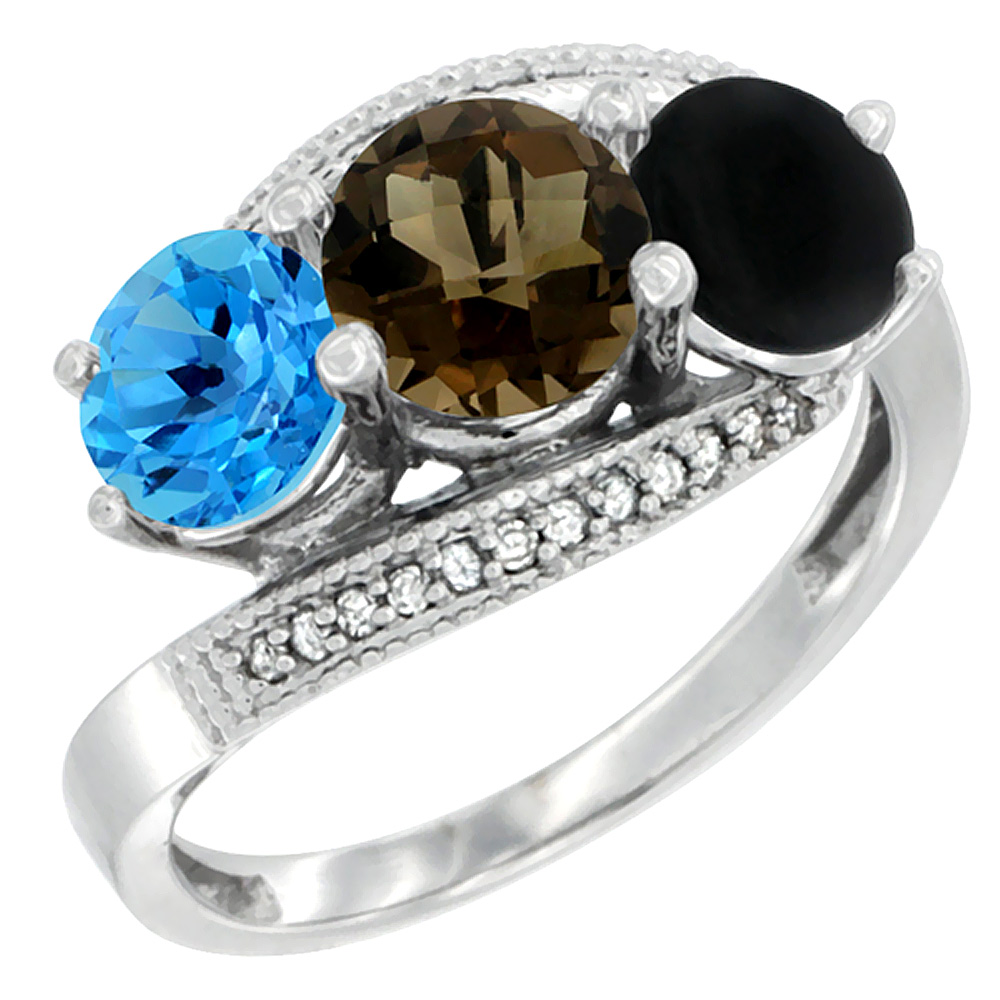14K White Gold Natural Swiss Blue Topaz, Smoky Topaz &amp; Black Onyx 3 stone Ring Round 6mm Diamond Accent, sizes 5 - 10