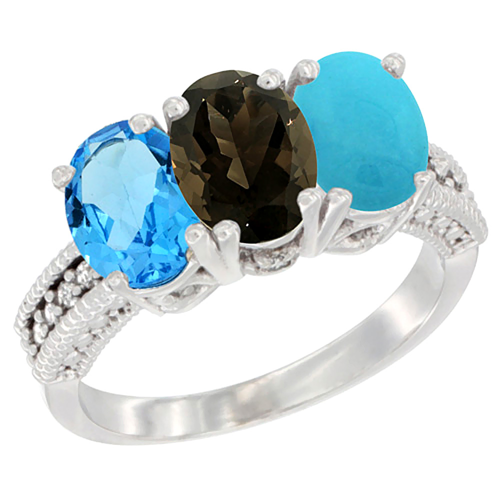 10K White Gold Natural Swiss Blue Topaz, Smoky Topaz &amp; Turquoise Ring 3-Stone Oval 7x5 mm Diamond Accent, sizes 5 - 10