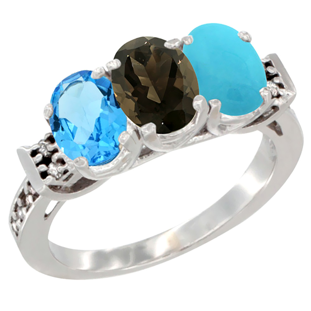 14K White Gold Natural Swiss Blue Topaz, Smoky Topaz &amp; Turquoise Ring 3-Stone 7x5 mm Oval Diamond Accent, sizes 5 - 10