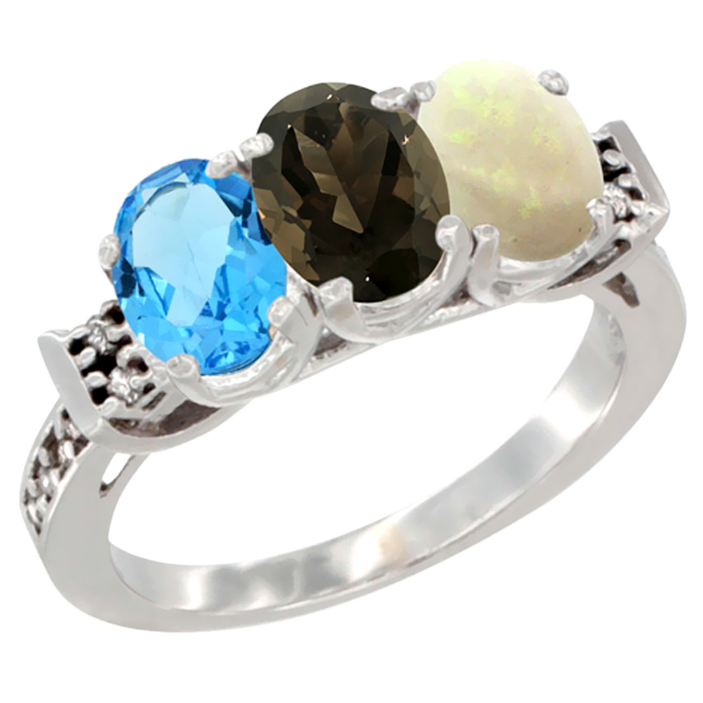 10K White Gold Natural Swiss Blue Topaz, Smoky Topaz & Opal Ring 3-Stone Oval 7x5 mm Diamond Accent, sizes 5 - 10