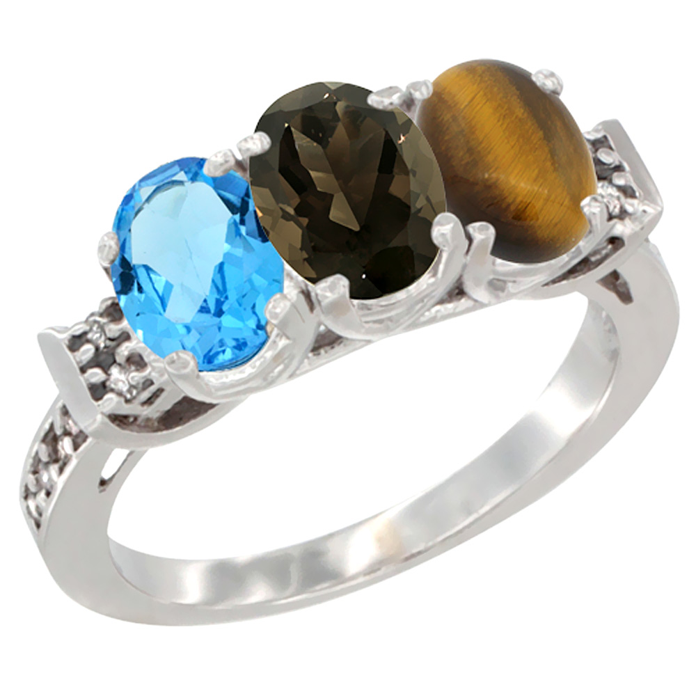 14K White Gold Natural Swiss Blue Topaz, Smoky Topaz & Tiger Eye Ring 3-Stone 7x5 mm Oval Diamond Accent, sizes 5 - 10