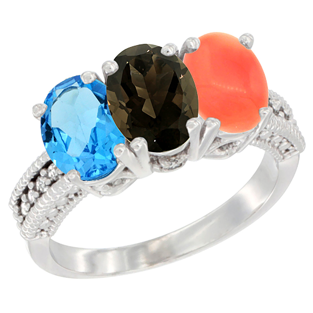 10K White Gold Natural Swiss Blue Topaz, Smoky Topaz &amp; Coral Ring 3-Stone Oval 7x5 mm Diamond Accent, sizes 5 - 10