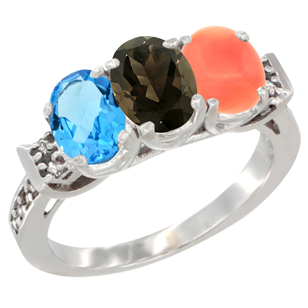 10K White Gold Natural Swiss Blue Topaz, Smoky Topaz & Coral Ring 3-Stone Oval 7x5 mm Diamond Accent, sizes 5 - 10