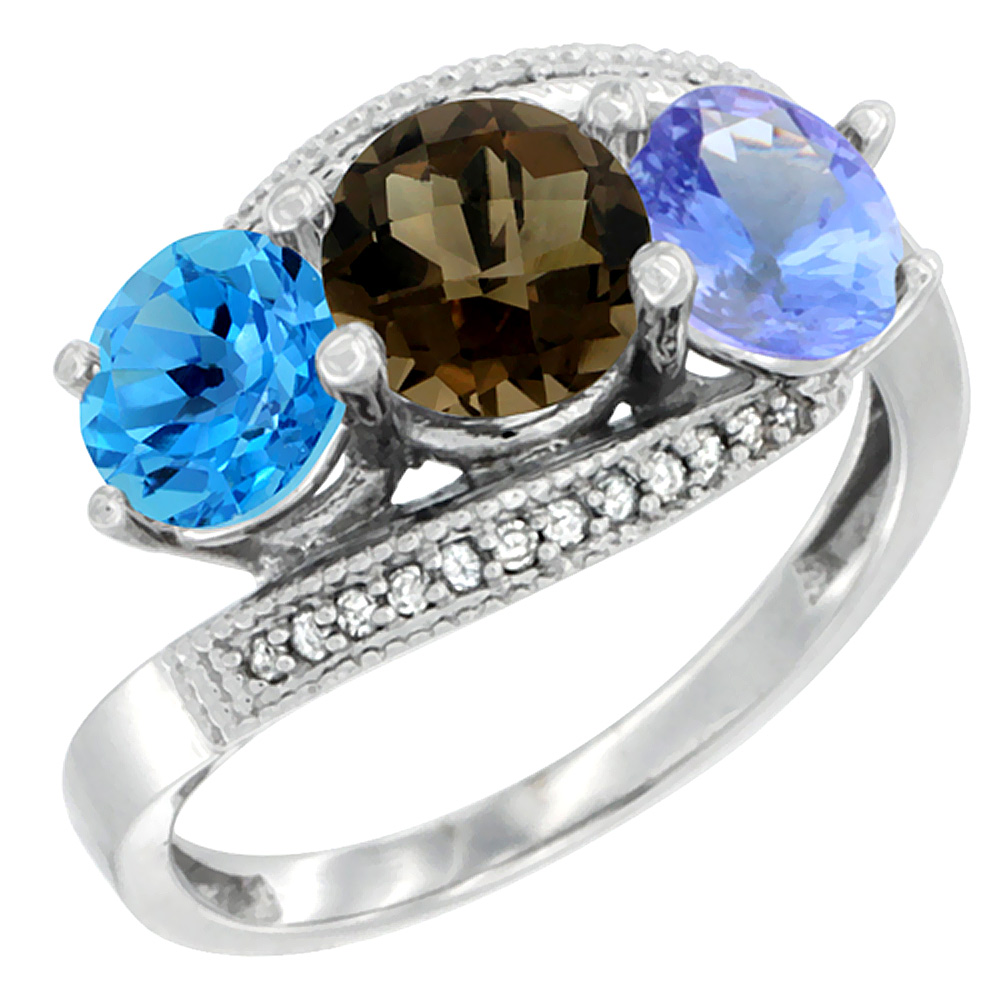 10K White Gold Natural Swiss Blue Topaz, Smoky Topaz & Tanzanite 3 stone Ring Round 6mm Diamond Accent, sizes 5 - 10