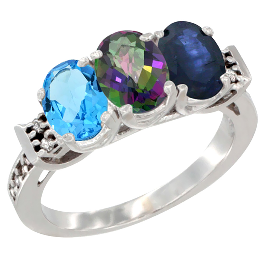 14K White Gold Natural Swiss Blue Topaz, Mystic Topaz &amp; Blue Sapphire Ring 3-Stone 7x5 mm Oval Diamond Accent, sizes 5 - 10