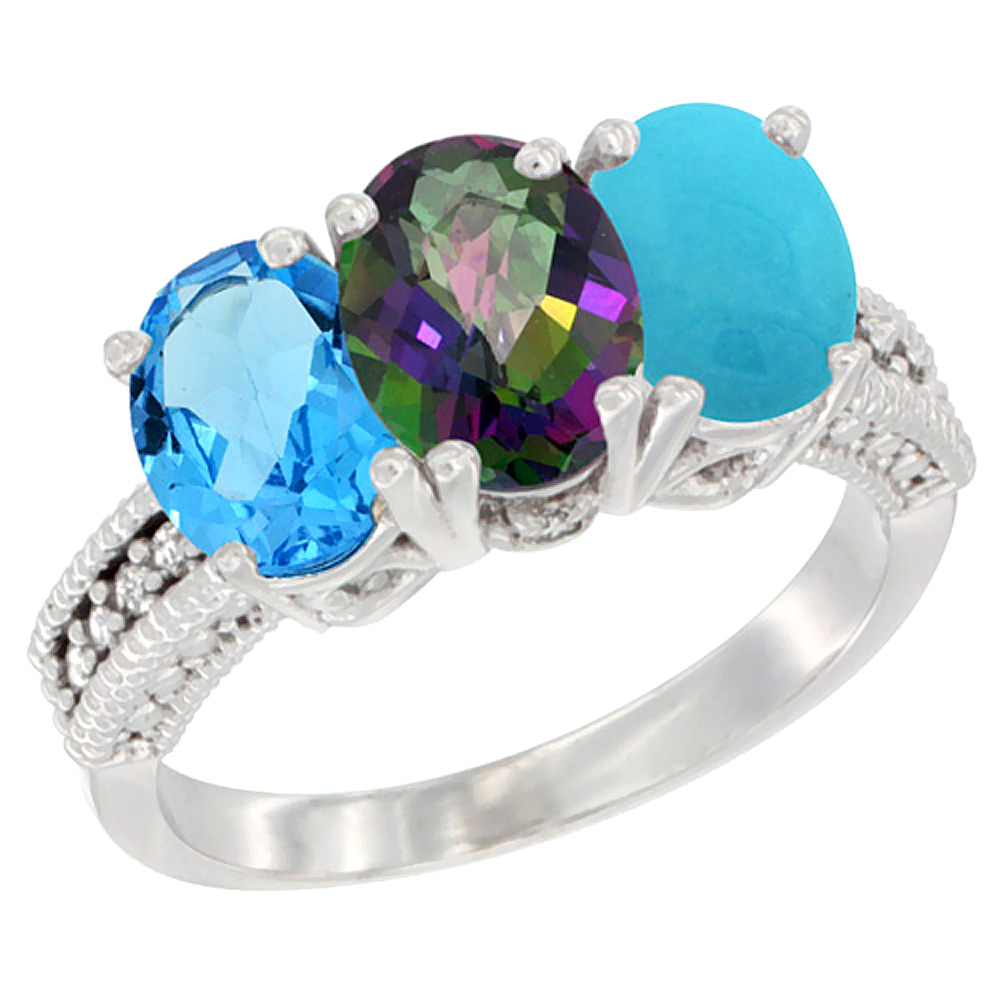 10K White Gold Natural Swiss Blue Topaz, Mystic Topaz & Turquoise Ring 3-Stone Oval 7x5 mm Diamond Accent, sizes 5 - 10