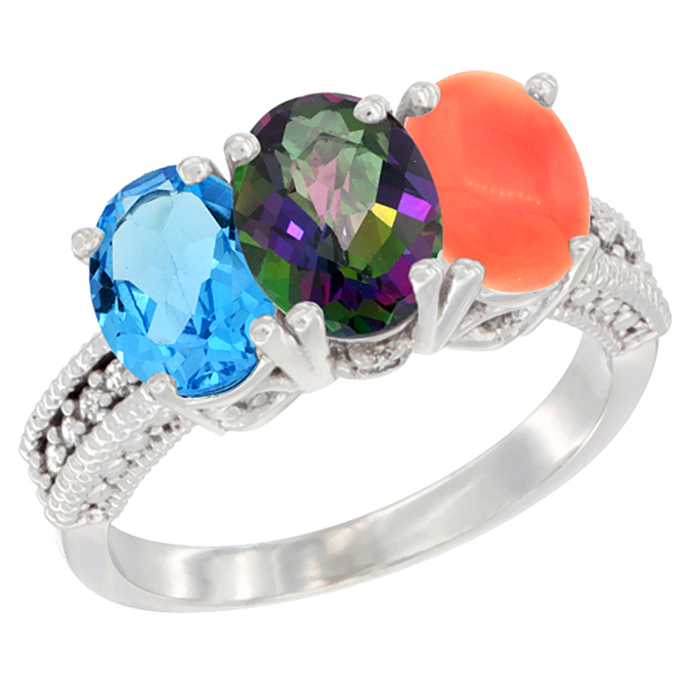 10K White Gold Natural Swiss Blue Topaz, Mystic Topaz &amp; Coral Ring 3-Stone Oval 7x5 mm Diamond Accent, sizes 5 - 10