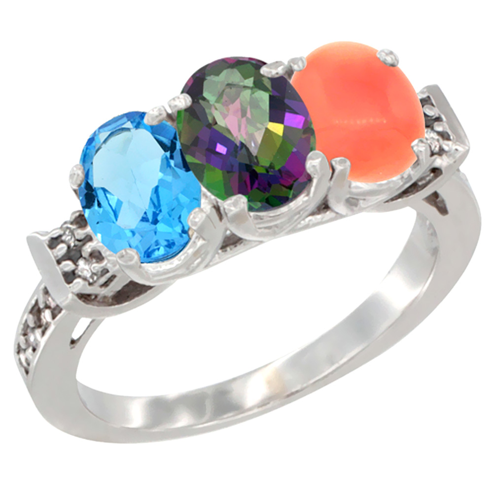 10K White Gold Natural Swiss Blue Topaz, Mystic Topaz &amp; Coral Ring 3-Stone Oval 7x5 mm Diamond Accent, sizes 5 - 10