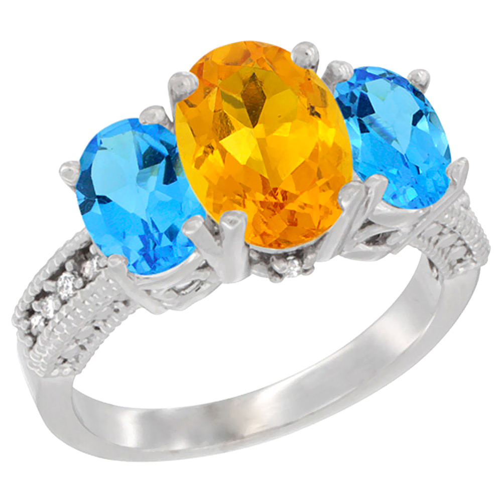 10K White Gold Diamond Natural Citrine Ring 3-Stone Oval 8x6mm with Swiss Blue Topaz, sizes5-10