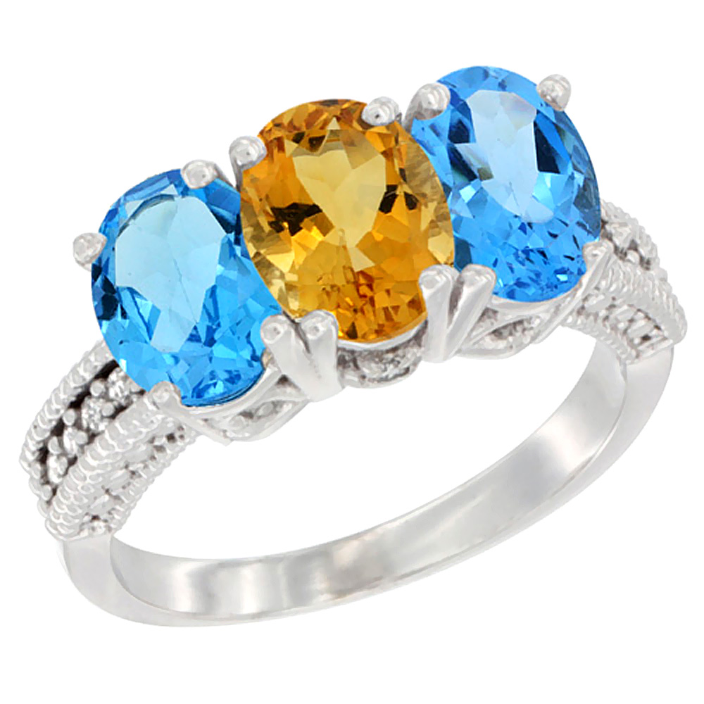 14K White Gold Natural Citrine &amp; Swiss Blue Topaz Sides Ring 3-Stone 7x5 mm Oval Diamond Accent, sizes 5 - 10
