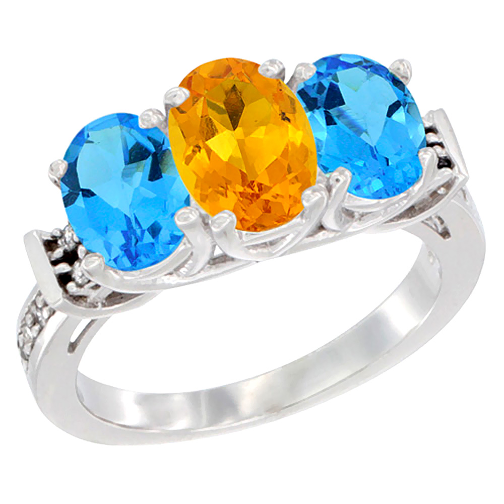 10K White Gold Natural Citrine & Swiss Blue Topaz Sides Ring 3-Stone Oval Diamond Accent, sizes 5 - 10