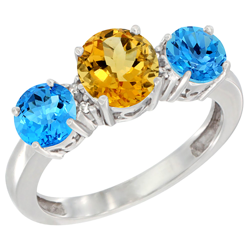 10K White Gold Round 3-Stone Natural Citrine Ring &amp; Swiss Blue Topaz Sides Diamond Accent, sizes 5 - 10
