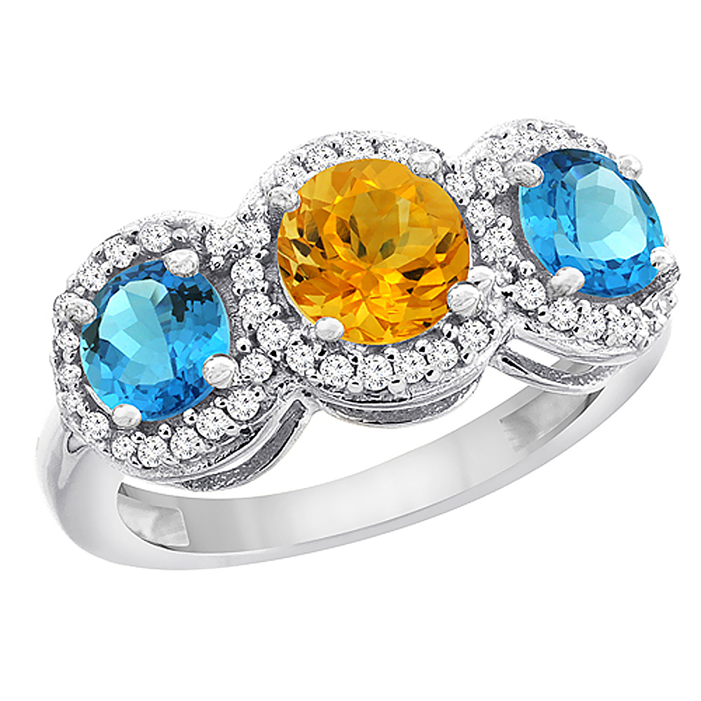 14K White Gold Natural Citrine &amp; Swiss Blue Topaz Sides Round 3-stone Ring Diamond Accents, sizes 5 - 10