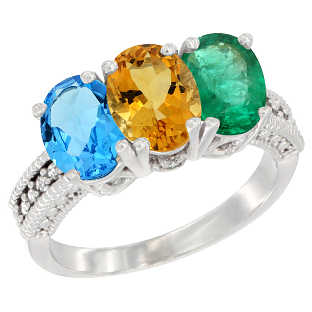 10K White Gold Natural Swiss Blue Topaz, Citrine &amp; Emerald Ring 3-Stone Oval 7x5 mm Diamond Accent, sizes 5 - 10