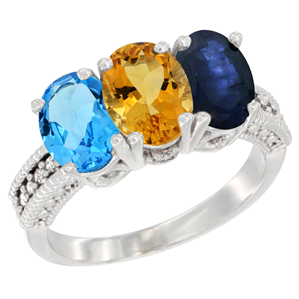 14K White Gold Natural Swiss Blue Topaz, Citrine &amp; Blue Sapphire Ring 3-Stone 7x5 mm Oval Diamond Accent, sizes 5 - 10