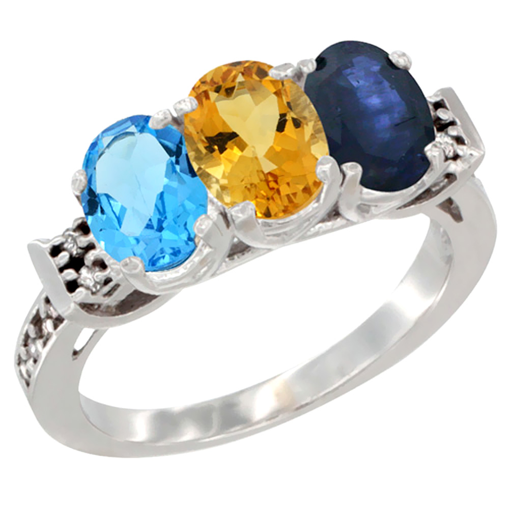 10K White Gold Natural Swiss Blue Topaz, Citrine &amp; Blue Sapphire Ring 3-Stone Oval 7x5 mm Diamond Accent, sizes 5 - 10