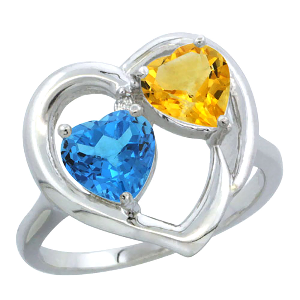 14K White Gold Diamond Two-stone Heart Ring 6mm Natural Swiss Blue Topaz & Citrine, sizes 5-10