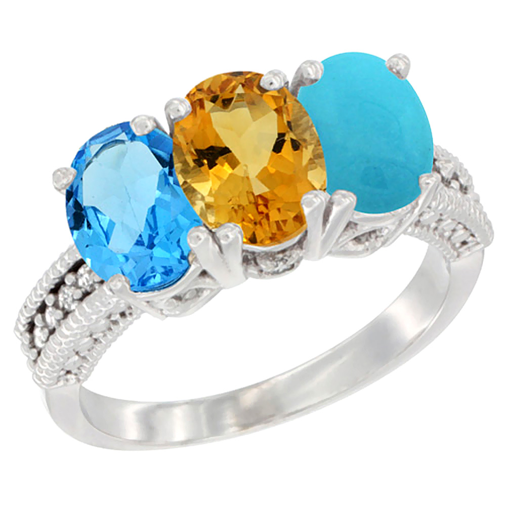 14K White Gold Natural Swiss Blue Topaz, Citrine &amp; Turquoise Ring 3-Stone 7x5 mm Oval Diamond Accent, sizes 5 - 10