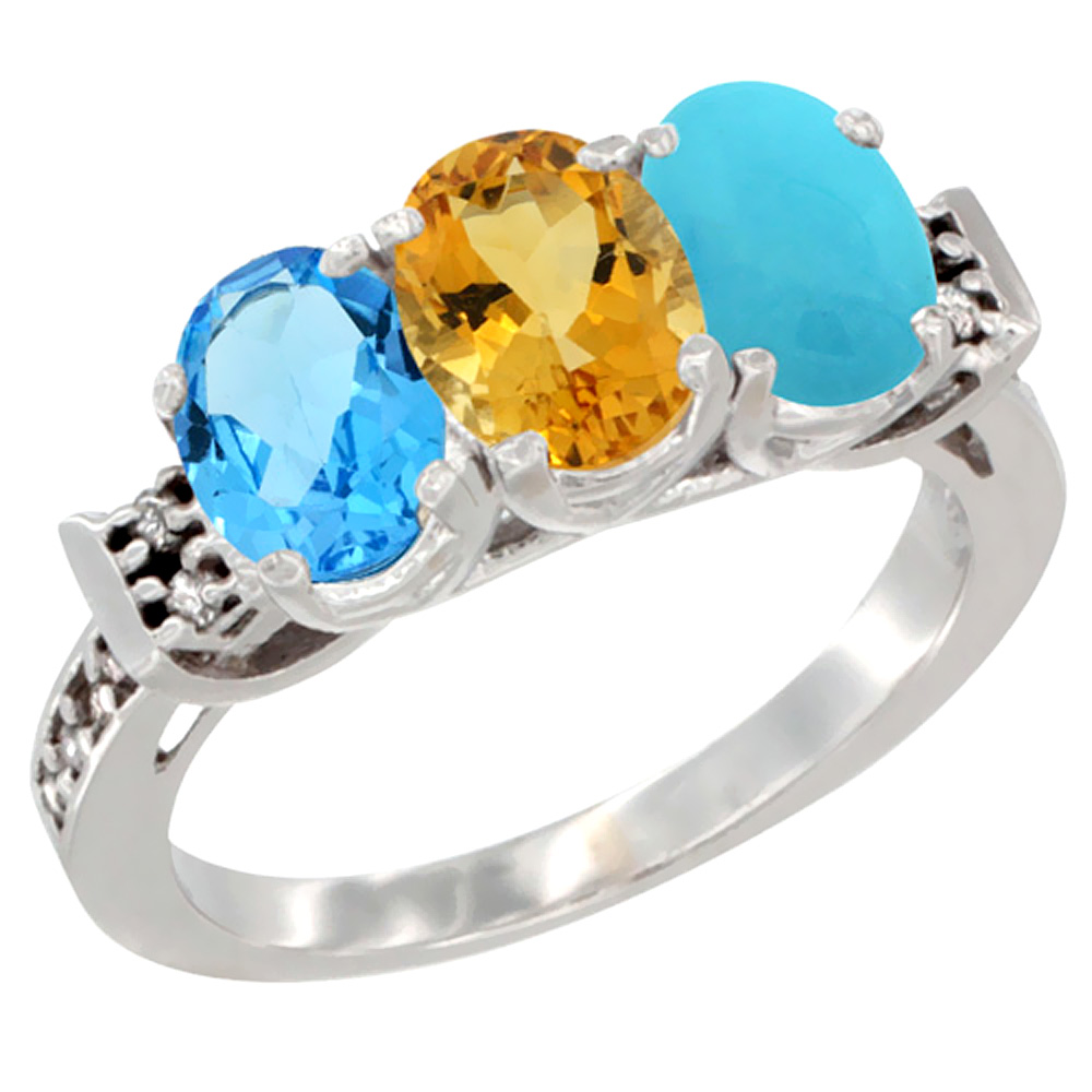 10K White Gold Natural Swiss Blue Topaz, Citrine & Turquoise Ring 3-Stone Oval 7x5 mm Diamond Accent, sizes 5 - 10