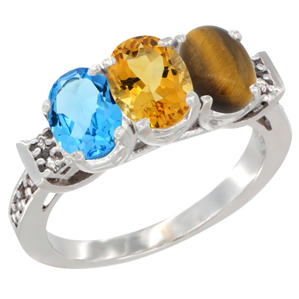 10K White Gold Natural Swiss Blue Topaz, Citrine &amp; Tiger Eye Ring 3-Stone Oval 7x5 mm Diamond Accent, sizes 5 - 10