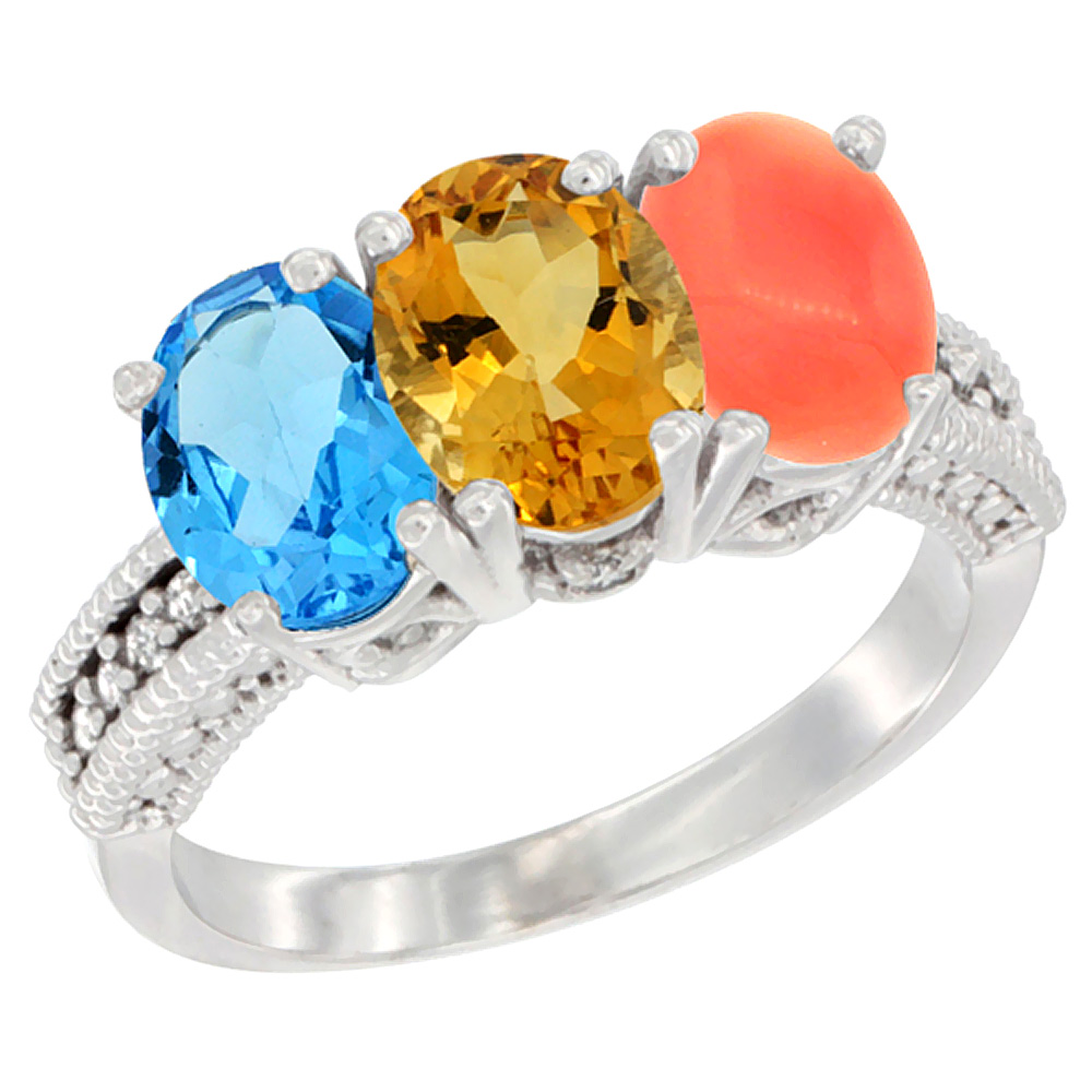 10K White Gold Natural Swiss Blue Topaz, Citrine & Coral Ring 3-Stone Oval 7x5 mm Diamond Accent, sizes 5 - 10