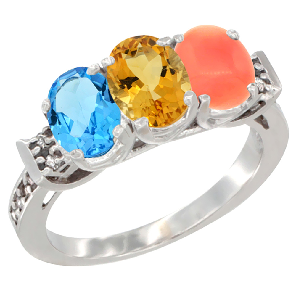 10K White Gold Natural Swiss Blue Topaz, Citrine &amp; Coral Ring 3-Stone Oval 7x5 mm Diamond Accent, sizes 5 - 10