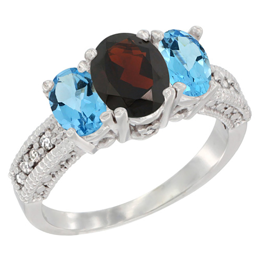 14K White Gold Diamond Natural Garnet Ring Oval 3-stone with Swiss Blue Topaz, sizes 5 - 10