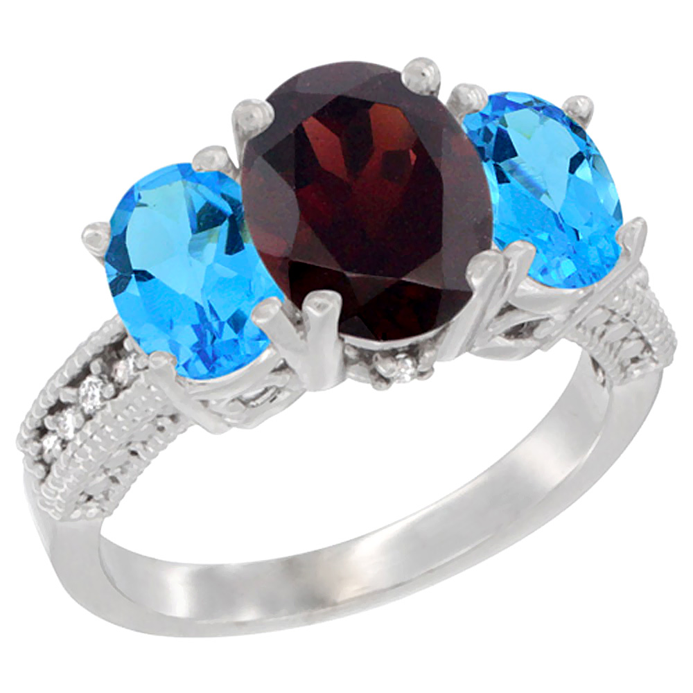 14K White Gold Diamond Natural Garnet Ring 3-Stone Oval 8x6mm with Swiss Blue Topaz, sizes5-10