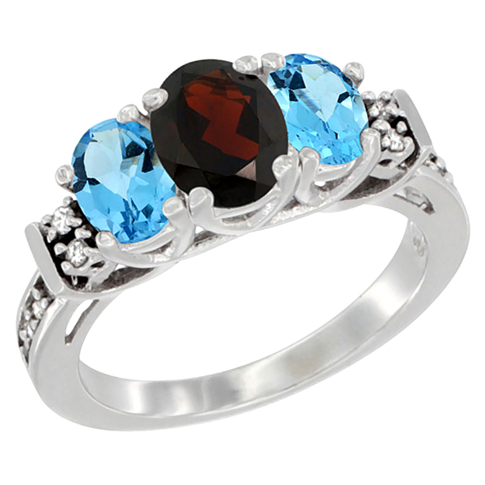 14K White Gold Natural Garnet & Swiss Blue Topaz Ring 3-Stone Oval Diamond Accent, sizes 5-10