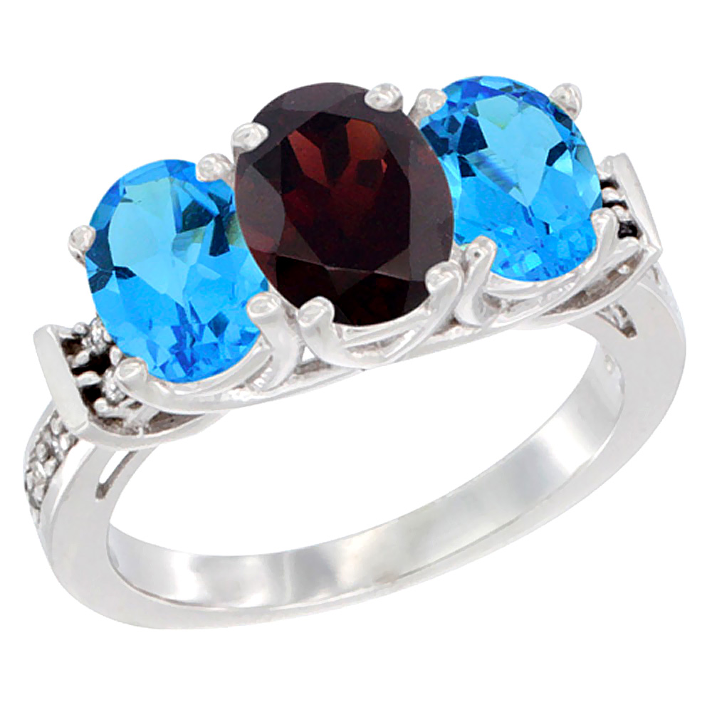 14K White Gold Natural Garnet & Swiss Blue Topaz Sides Ring 3-Stone Oval Diamond Accent, sizes 5 - 10
