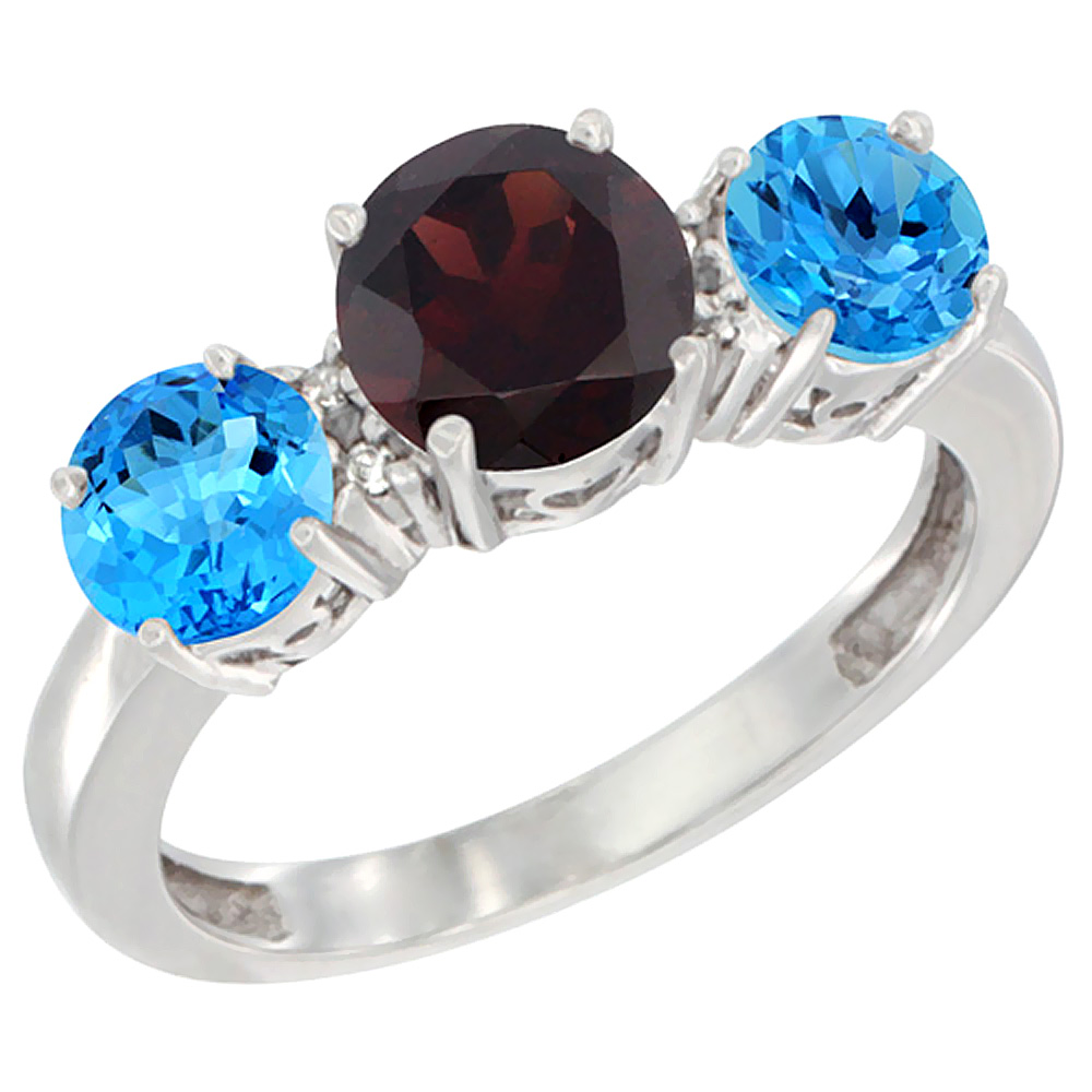 10K White Gold Round 3-Stone Natural Garnet Ring &amp; Swiss Blue Topaz Sides Diamond Accent, sizes 5 - 10