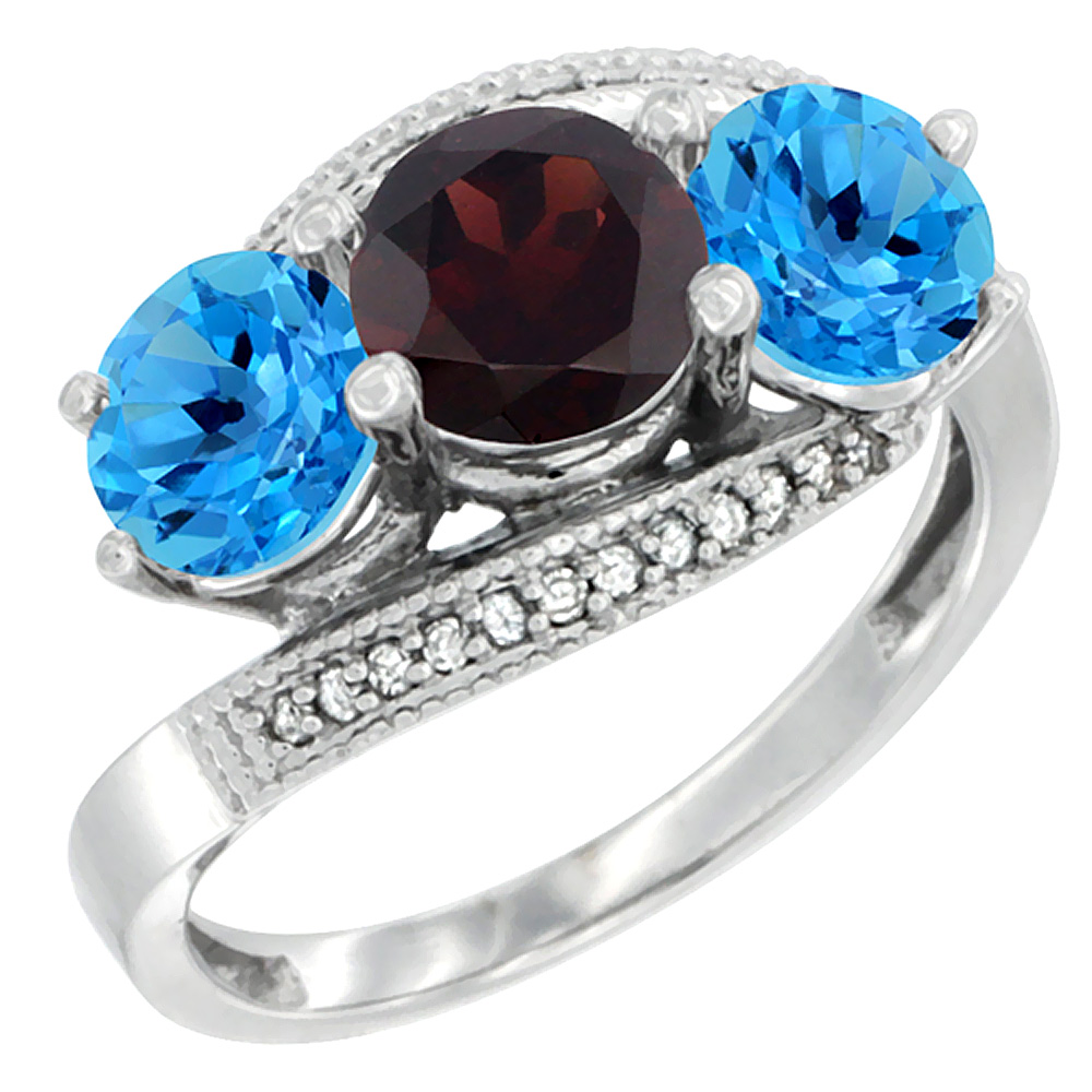 14K White Gold Natural Garnet & Swiss Blue Topaz Sides 3 stone Ring Round 6mm Diamond Accent, sizes 5 - 10