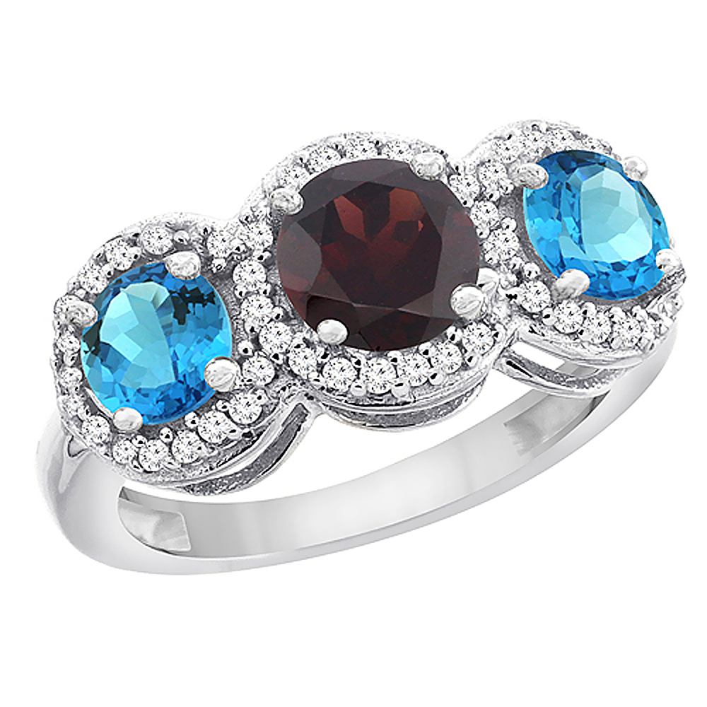 14K White Gold Natural Garnet &amp; Swiss Blue Topaz Sides Round 3-stone Ring Diamond Accents, sizes 5 - 10