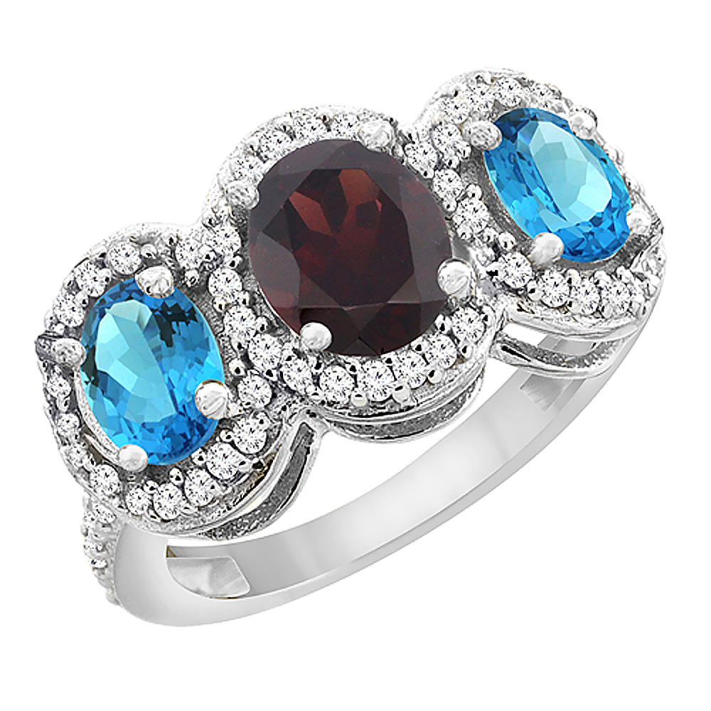 10K White Gold Natural Garnet &amp; Swiss Blue Topaz 3-Stone Ring Oval Diamond Accent, sizes 5 - 10