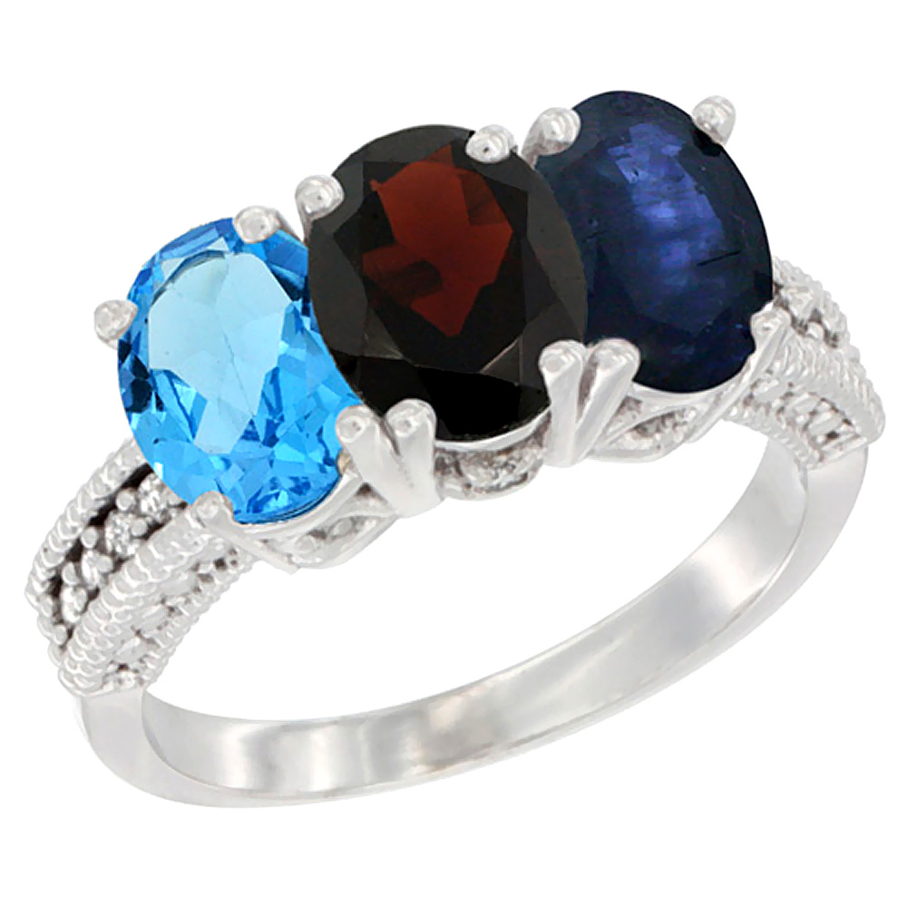 14K White Gold Natural Swiss Blue Topaz, Garnet & Blue Sapphire Ring 3-Stone 7x5 mm Oval Diamond Accent, sizes 5 - 10