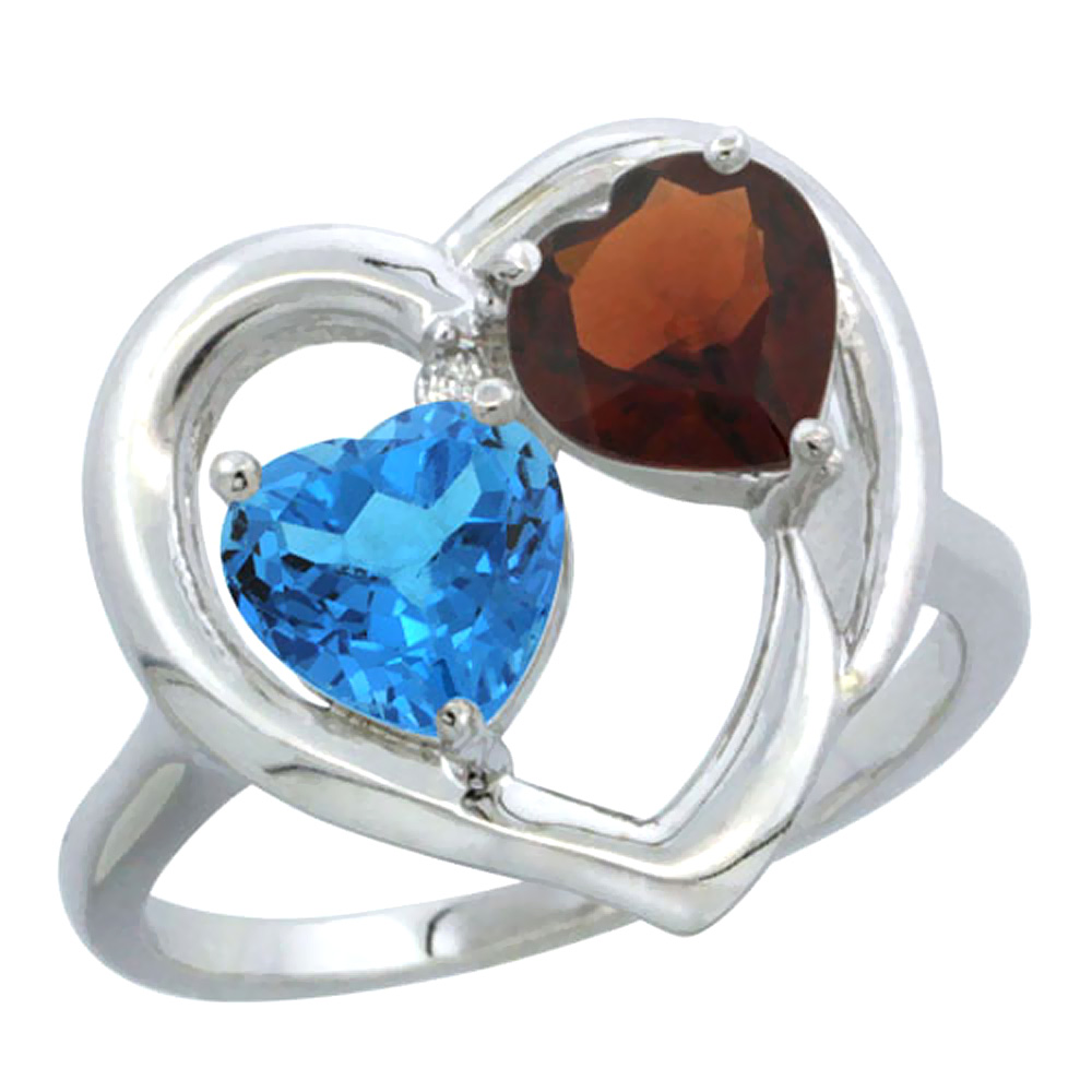14K White Gold Diamond Two-stone Heart Ring 6mm Natural Swiss Blue Topaz & Garnet, sizes 5-10