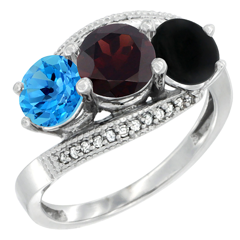 14K White Gold Natural Swiss Blue Topaz, Garnet & Black Onyx 3 stone Ring Round 6mm Diamond Accent, sizes 5 - 10