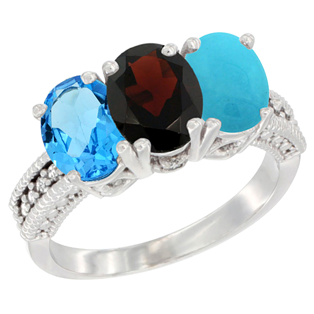 14K White Gold Natural Swiss Blue Topaz, Garnet & Turquoise Ring 3-Stone 7x5 mm Oval Diamond Accent, sizes 5 - 10