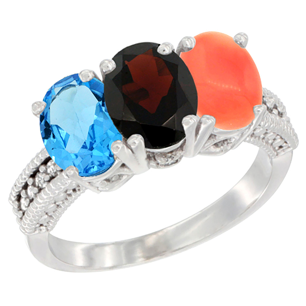 14K White Gold Natural Swiss Blue Topaz, Garnet & Coral Ring 3-Stone 7x5 mm Oval Diamond Accent, sizes 5 - 10